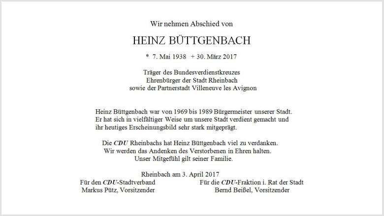 Trauer um Heinz Büttgenbach